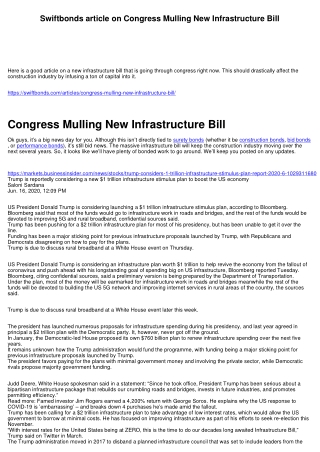 Swiftbonds article on Congress Mulling New Infrastructure Bill