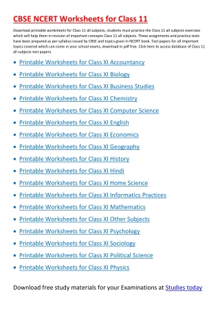 Worksheets for Class 11 all subjects