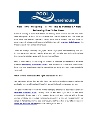 Now – Not The Spring – Is The Time To Purchase A NewSwimming Pool Solar Cover