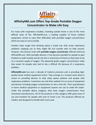 AffinityHM.com Offers Top-Grade Portable Oxygen Concentrator to Make Life Easy