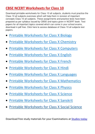 Worksheets for Class 10 all subjects