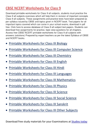 Worksheets for Class 9 all subjects