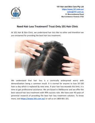 Need Hair Loss Treatment? Trust Only 101 Hair Clinic