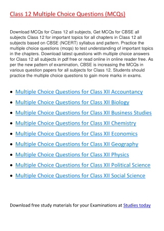 Multiple Choice Questions for all subjects Class 12