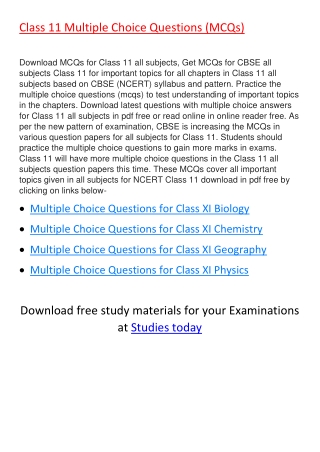 Multiple Choice Questions for all subjects Class 11