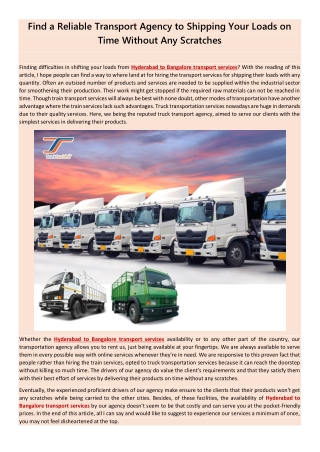 Find a Reliable Transport Agency to Shipping Your Loads on Time Without Any Scratches