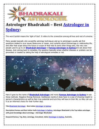 Astrologer Bhadrakali – Best Astrologer in Sydney: