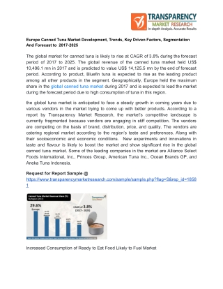 Europe Canned Tuna Market Development, Trends, Key Driven Factors, Segmentation And Forecast to 2017-2025