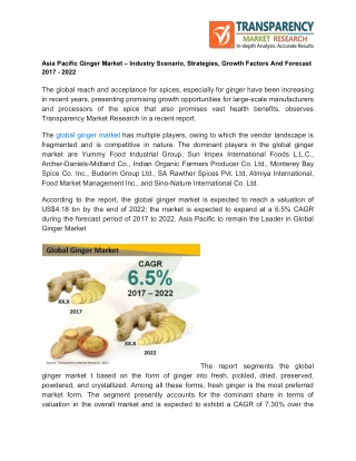 Asia Pacific Ginger Market – Industry Scenario, Strategies, Growth Factors And Forecast 2017 - 2022