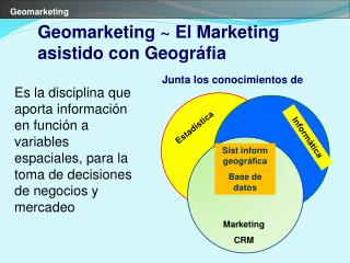 Es la disciplina que aporta información en funci ó n a variables espaciales, para la toma de decisiones de negocios y me