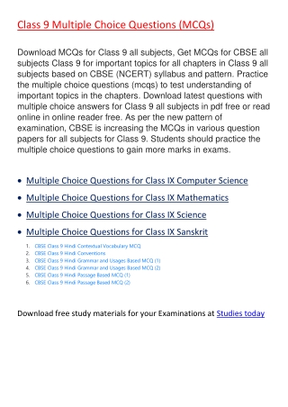 Multiple Choice Questions for all subjects Class 9