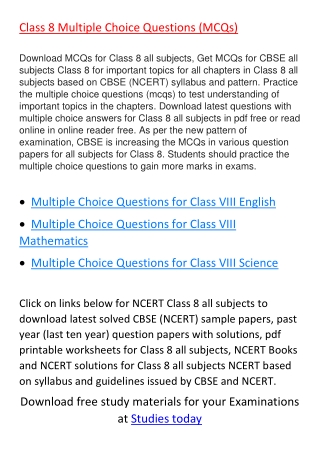 Multiple Choice Questions for all subjects Class 8