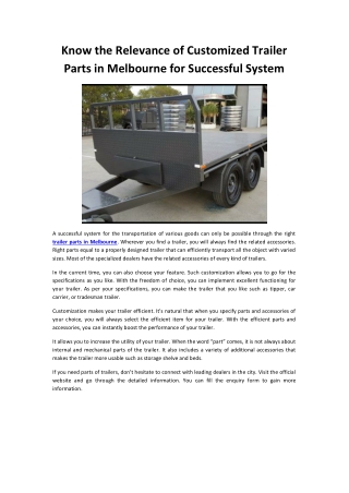 Know The Relevance Of Customized Trailer Parts In Melbourne For Successful System