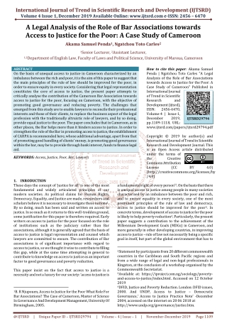 A Legal Analysis of the Role of Bar Associations towards Access to Justice for the Poor: A Case Study of Cameroon