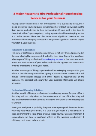 3 Major Reasons to Hire Professional Housekeeping Services for your Business