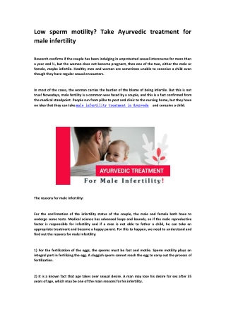 Low sperm motility? Take Ayurvedic treatment for male infertility