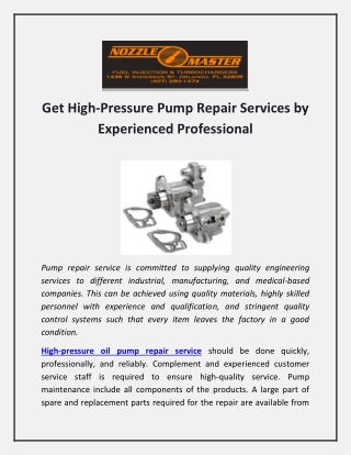 Get High-Pressure Pump Repair Services by Experienced Professional