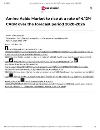 2020 Amino acids Market Size, Share and Trend Analysis Report to 2026