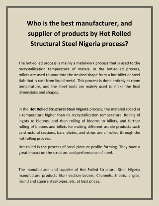 Who is the best manufacturer, and supplier of products by Hot Rolled Structural Steel Nigeria process?