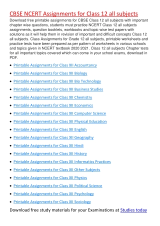 Assignments for Class 12 all subjects PDF Download