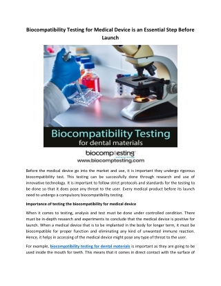 Biocompatibility Testing for Medical Device is an Essential Step Before Launch