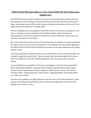 UPPSC PCS ACF RFO Exam 2020 on 11 Oct, Check UPPSC ACF RFO Prelims Exam Updates Here