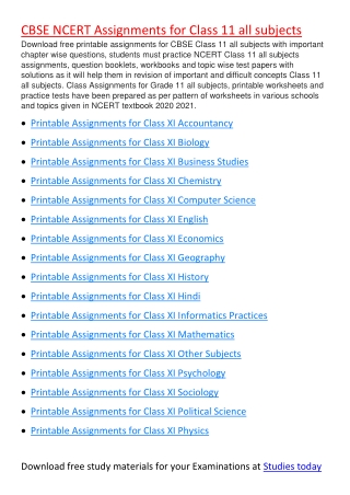 Assignments for Class 11 all subjects PDF Download