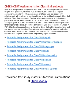 Assignments for Class 8 all subjects PDF Download