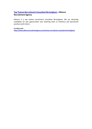 Top Trainee Recruitment Consultant Birmingham - Alliance Recruitment Agency