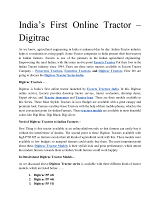 Digitrac Tractor Model List in India