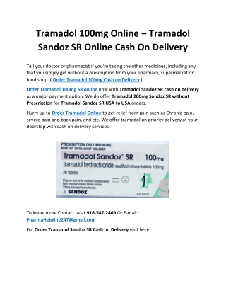 Tramadol 100mg Online ‒ Tramadol Sandoz SR Online Cash On Delivery