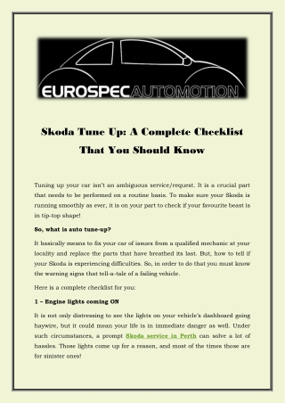 Skoda Tune Up: A Complete Checklist That You Should Know