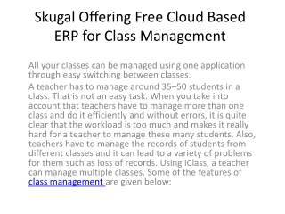 Skugal Offering Free Cloud Based ERP for Class Management