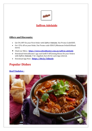 5% Off - Saffron Adelaide Indian restaurant Menu in Ridgehaven SA.