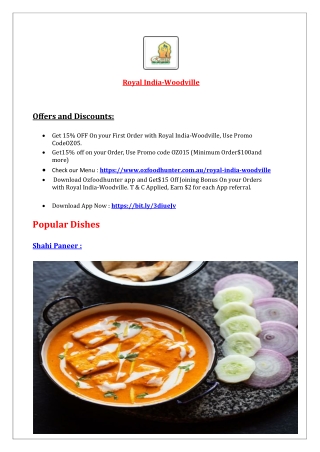 15% Off - Royal India Menu - Indian restaurant Woodville, SA