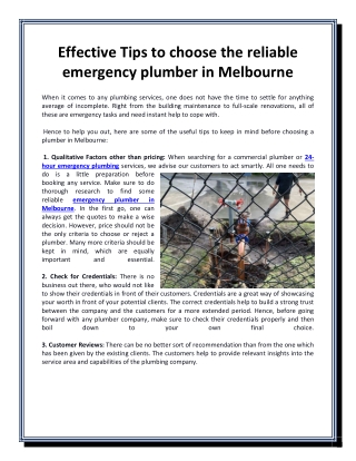 Effective Tips to choose the reliable emergency plumber in Melbourne