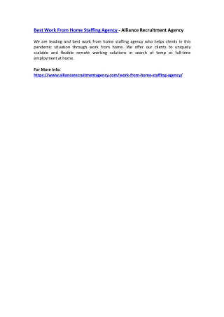 Best Work From Home Staffing Agency - Alliance Recruitment Agency