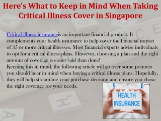 Here's What to Keep in Mind When Taking Critical Illness Cover in Singapore