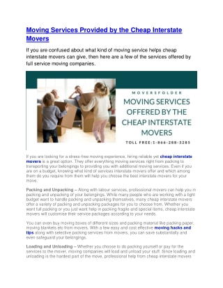 Moving Services offered by the Cheap Interstate Movers