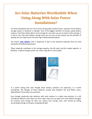 Are Solar Batteries Worthwhile When Using Along With Solar Power Installations?