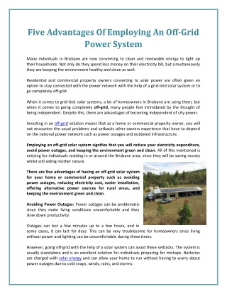 Five Advantages Of Employing An Off-Grid Power System