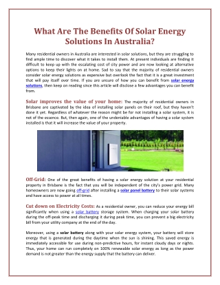 What Are The Benefits Of Solar Energy Solutions In Australia?