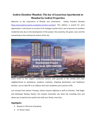 Godrej Chembur Mumbai: The Joy Of Luxurious Apartments in Mumbai by Godrej Properties