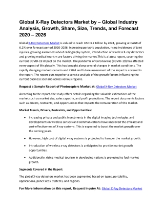 Global X-Ray Detectors Market by – Global Industry Analysis, Growth, Share, Size, Trends, and Forecast 2020 – 2026