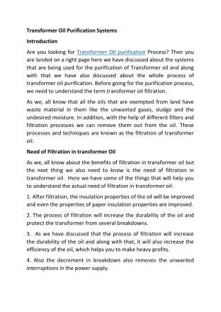 Transformer oil purification system