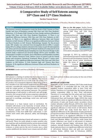 A Comparative Study of Self Esteem among 10th Class and 12th Class Students