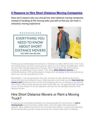 6 Reasons to Hire Short Distance Moving Companies