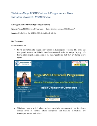 Webinar On Mega MSME Outreach Programme - Bank Initiatives towards MSME Sector