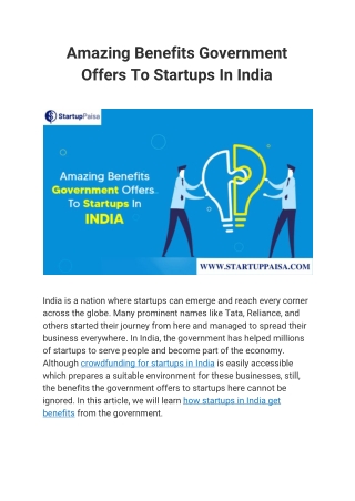 Startup Paisa - Amazing Benefits Government Offers To Startups In India