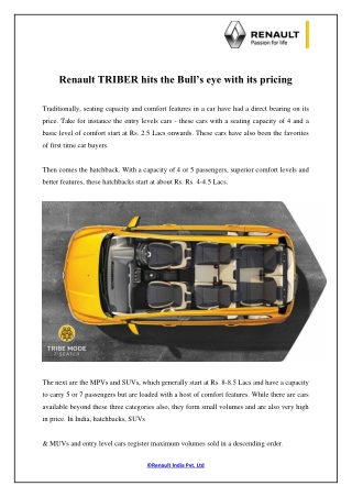 Renault TRIBER hits the Bull’s eye with its pricing